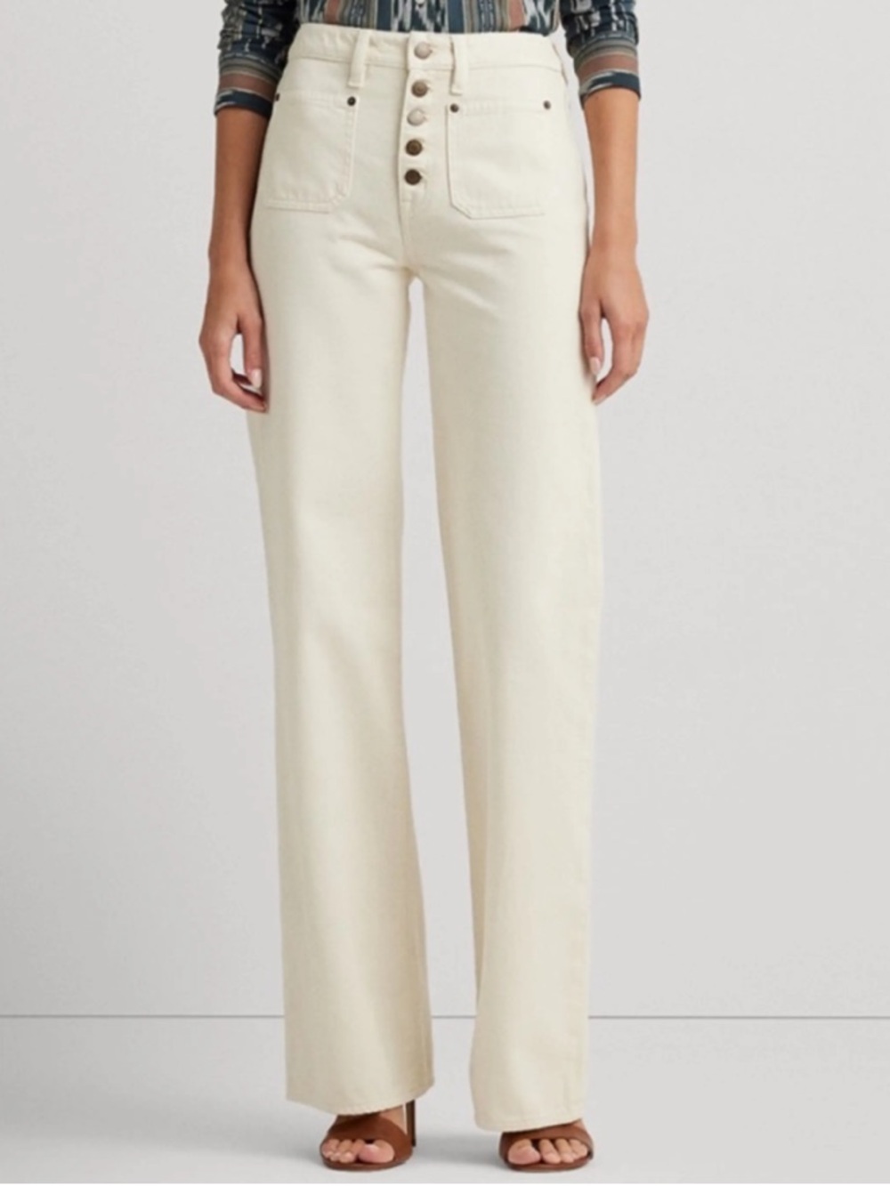 Lauren Ralph Lauren Cream High-Rise Wide-Leg Button-Front Jeans